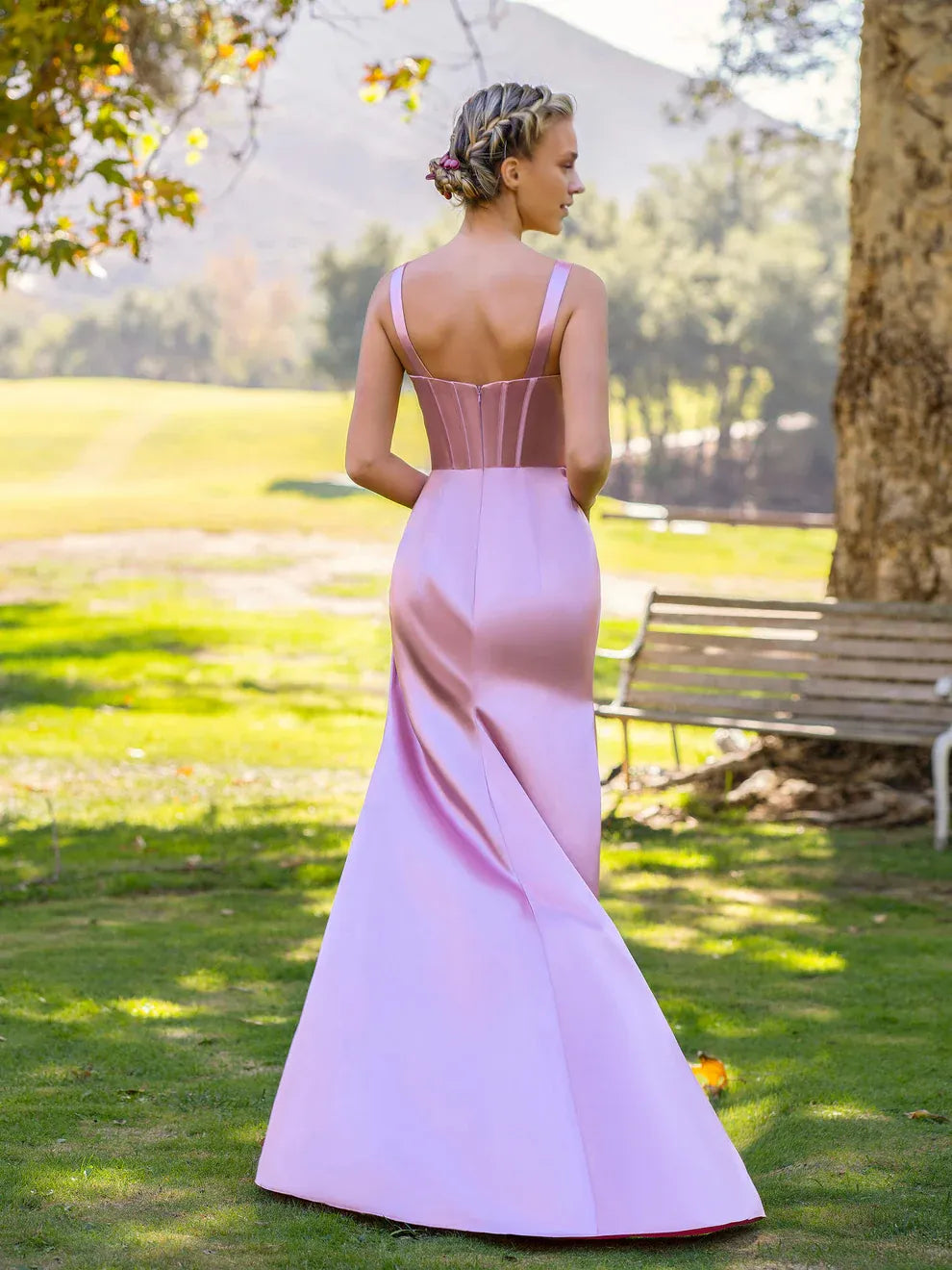 Robe fourreau Weitese rose en satin à col en V et longueur au sol